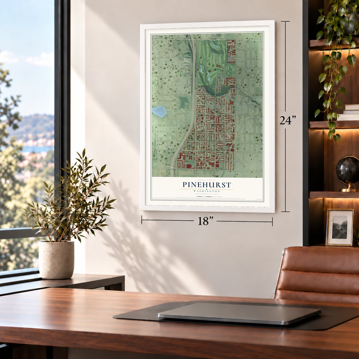 Pinehurst, Washington map, 18 x 24 inch print in a white frame in a home office