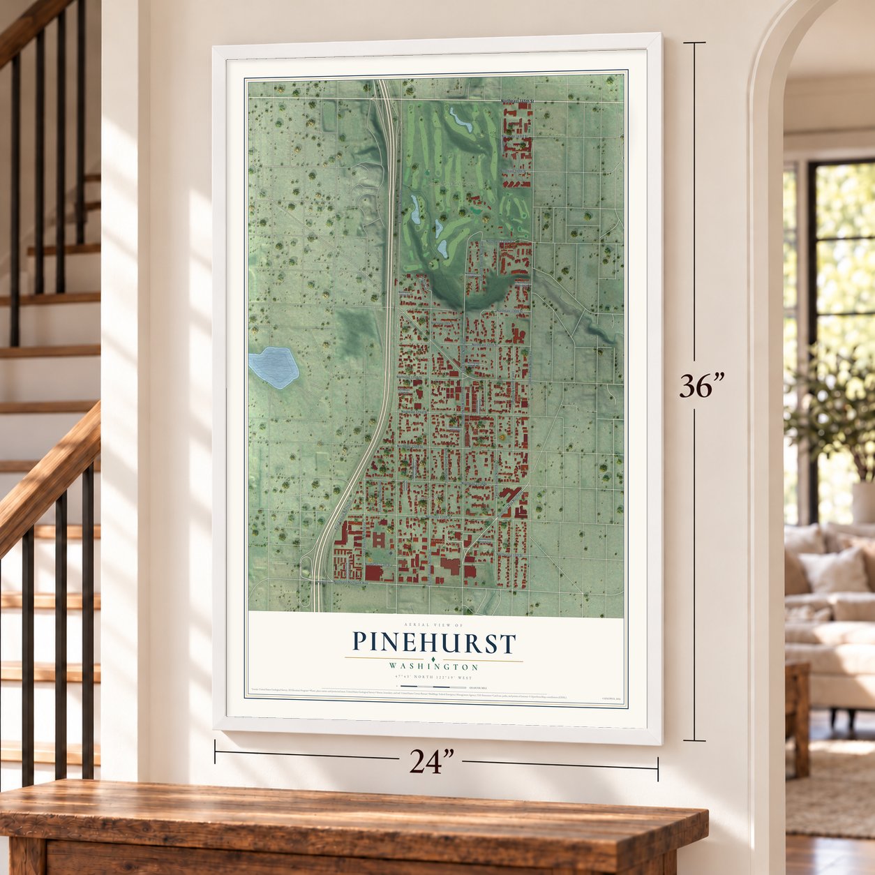 Pinehurst, Washington map, 24 x 36 inch print in a white frame by a staircase