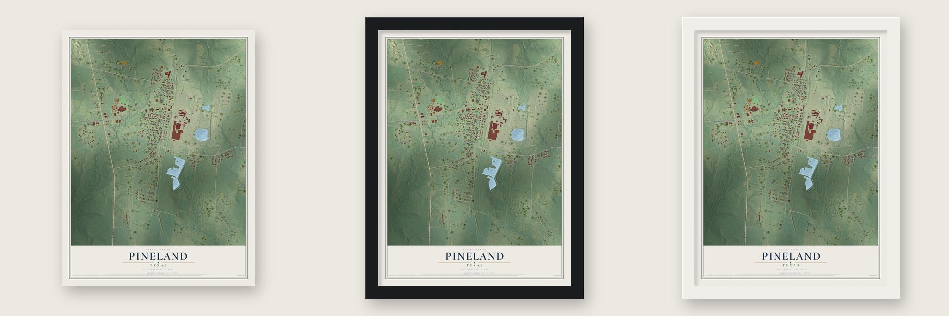 Pineland, Texas map unframed, in a black wood frame and in a white wood frame