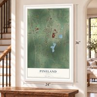 Pineland, Texas map, 24 x 36 inch print in a white frame by a staircase