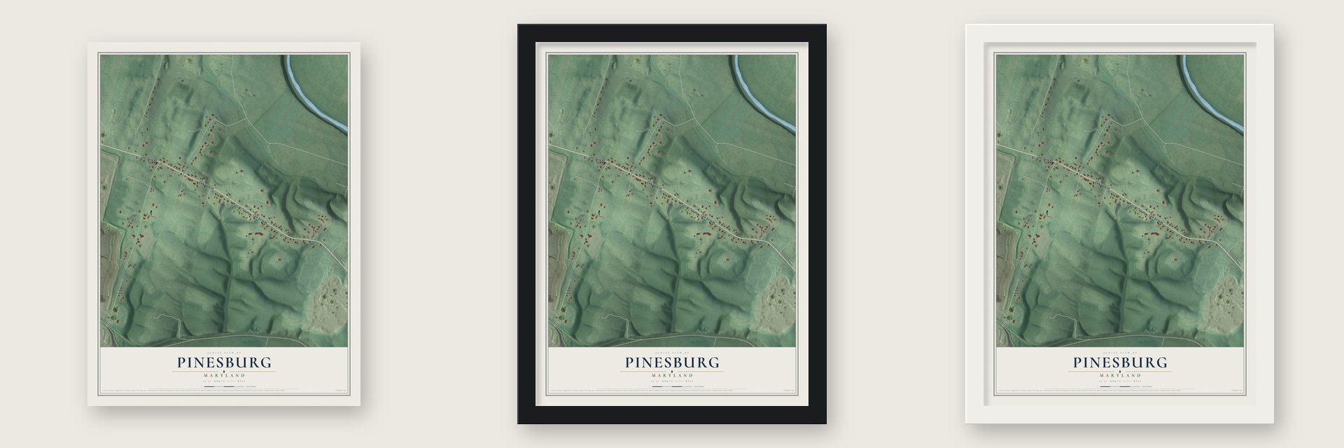 Pinesburg, Maryland map unframed, in a black wood frame and in a white wood frame