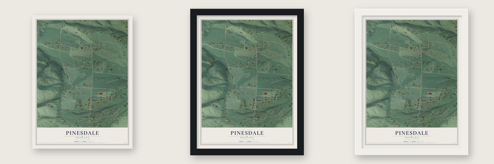 Pinesdale, Montana map unframed, in a black wood frame and in a white wood frame