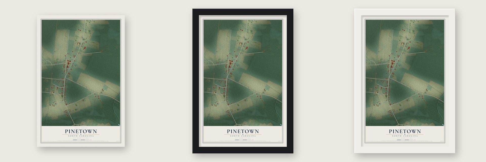Pinetown, North Carolina map unframed, in a black wood frame and in a white wood frame