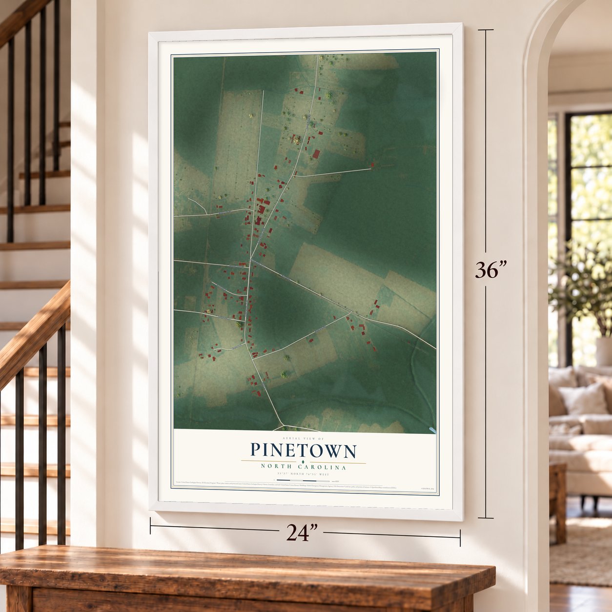 Pinetown, North Carolina map, 24 x 36 inch print in a white frame by a staircase