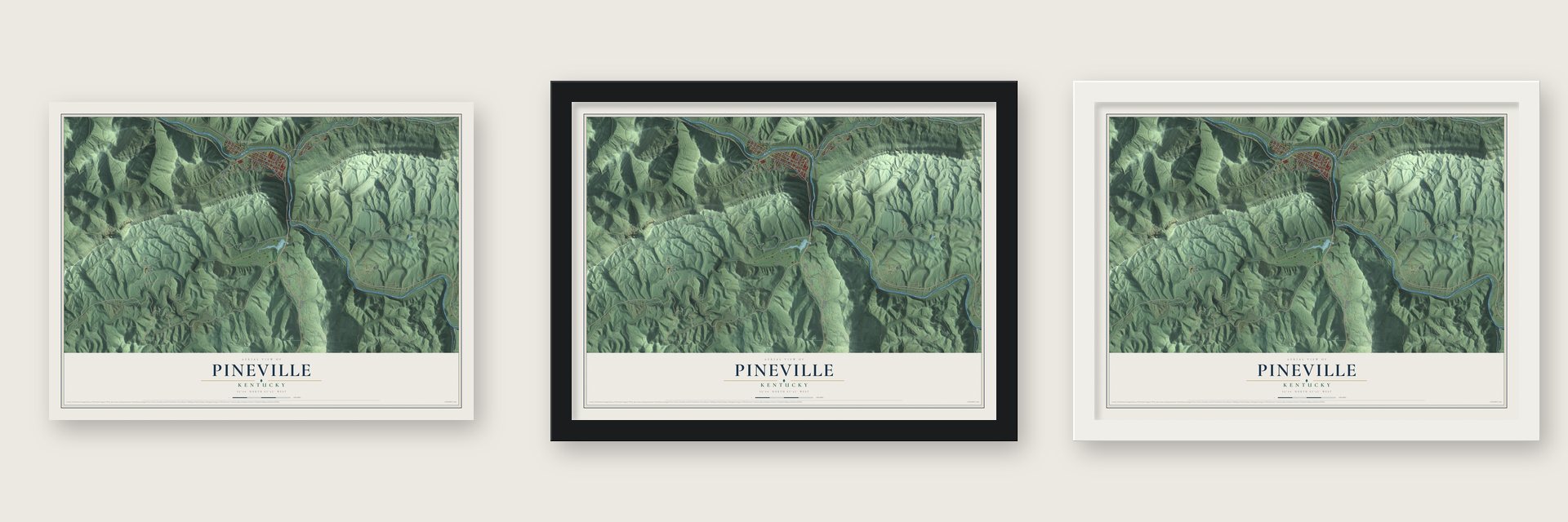 Pineville, Kentucky map unframed, in a black wood frame and in a white wood frame
