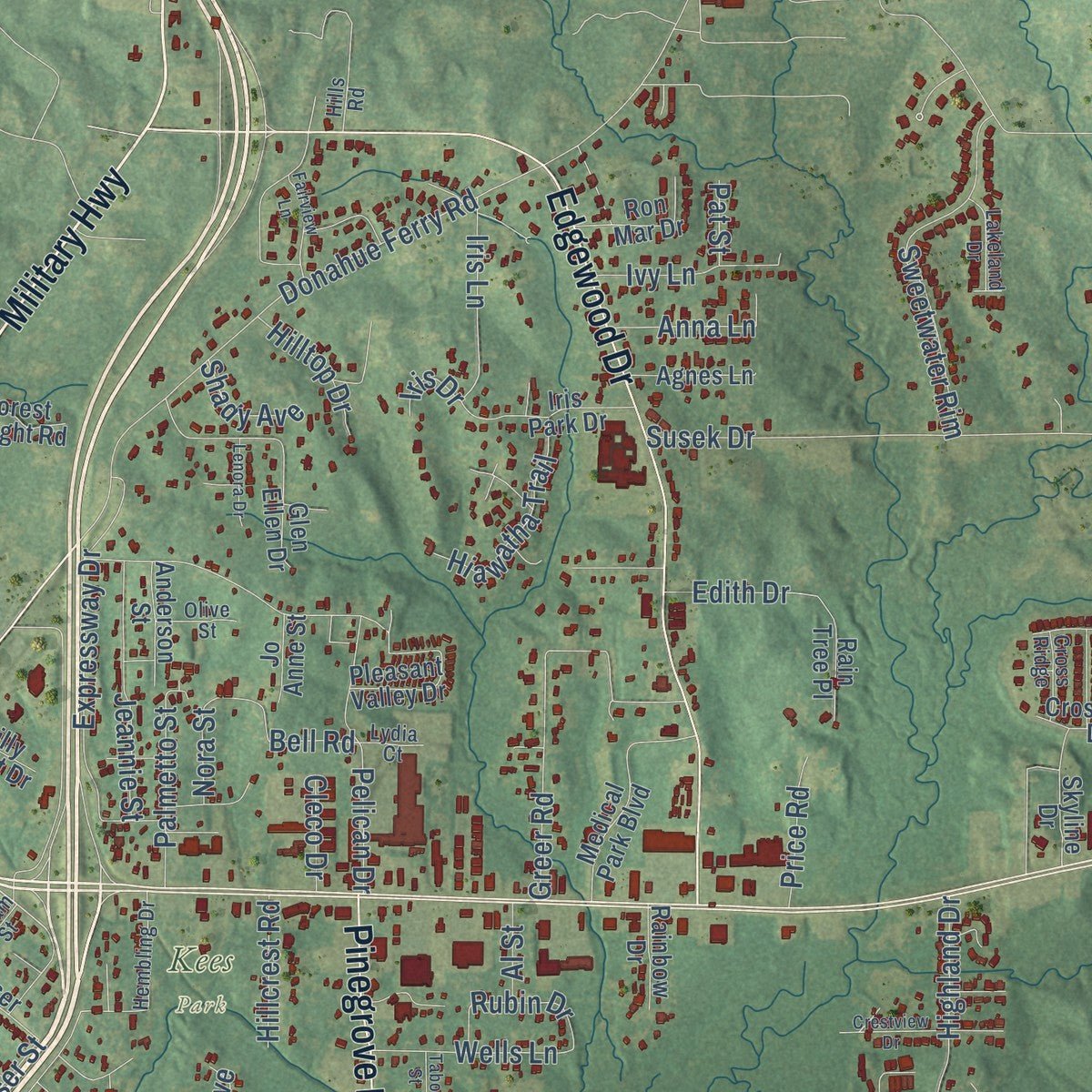 Second close-up of the map of Pineville, Louisiana print showing more streets and buildings