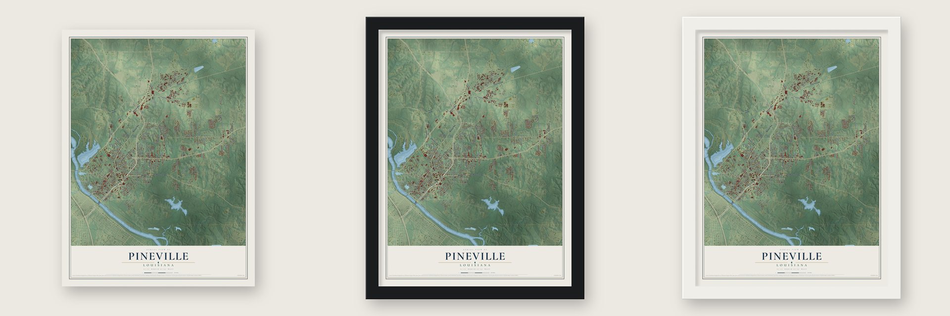 Pineville, Louisiana map unframed, in a black wood frame and in a white wood frame