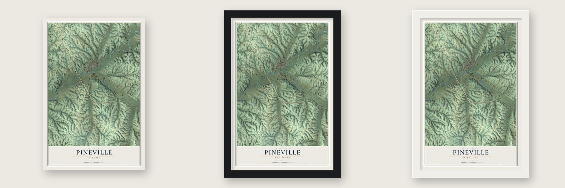 Pineville, Missouri map unframed, in a black wood frame and in a white wood frame
