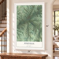 Pineville, Missouri map, 24 x 36 inch print in a white frame by a staircase