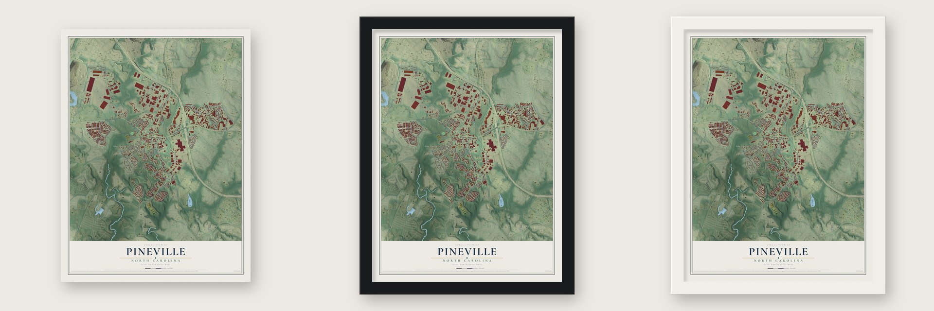 Pineville, North Carolina map unframed, in a black wood frame and in a white wood frame