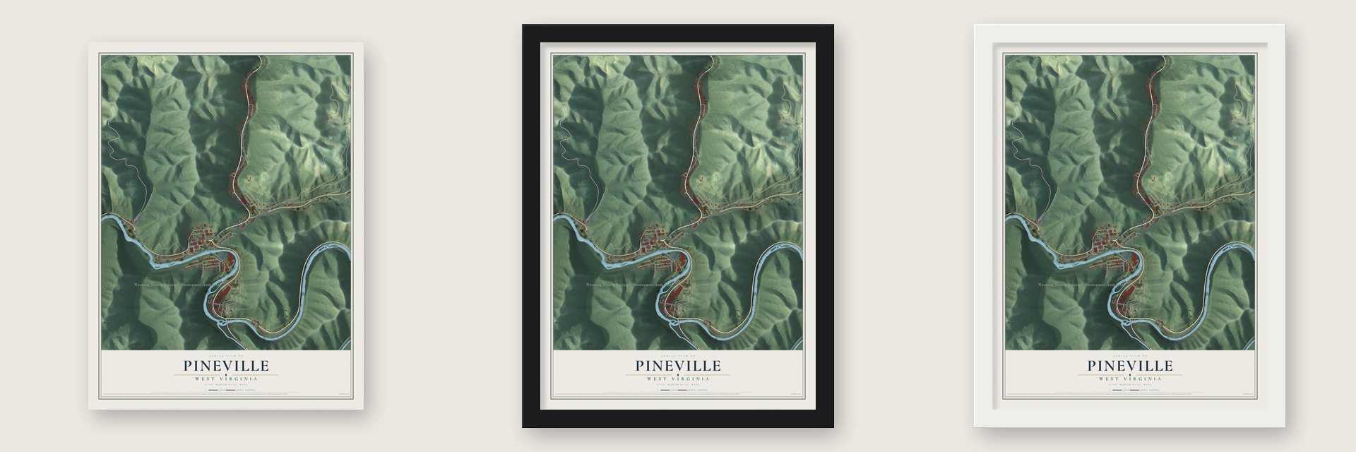 Pineville, West Virginia map unframed, in a black wood frame and in a white wood frame