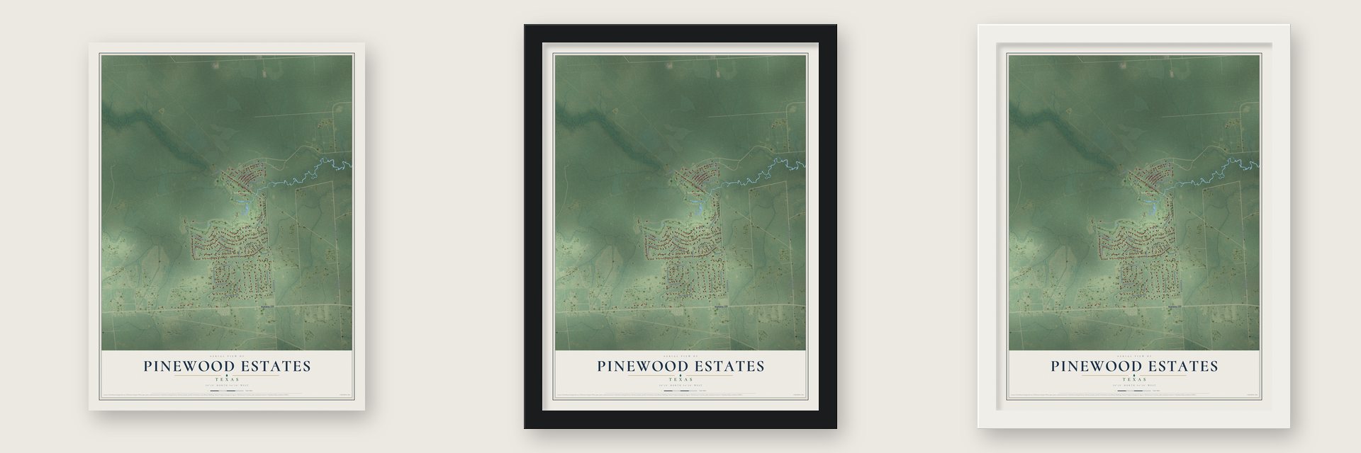 Pinewood Estates, Texas map unframed, in a black wood frame and in a white wood frame