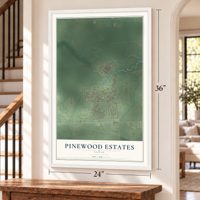 Pinewood Estates, Texas map, 24 x 36 inch print in a white frame by a staircase
