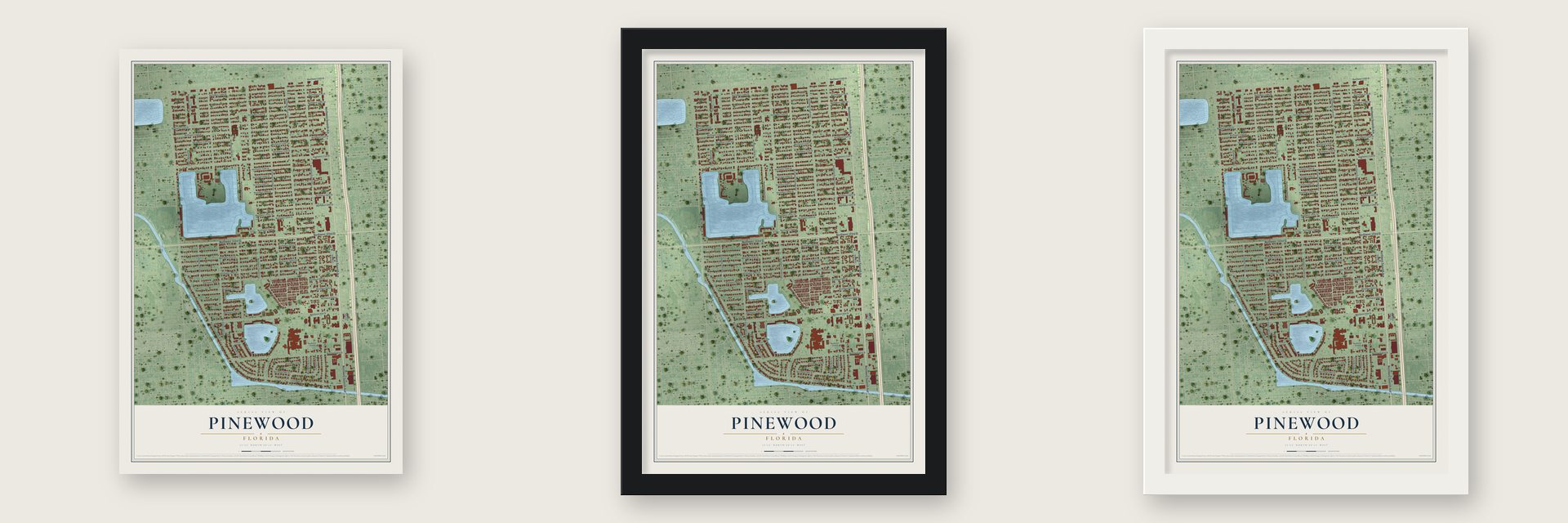 Pinewood, Florida map unframed, in a black wood frame and in a white wood frame