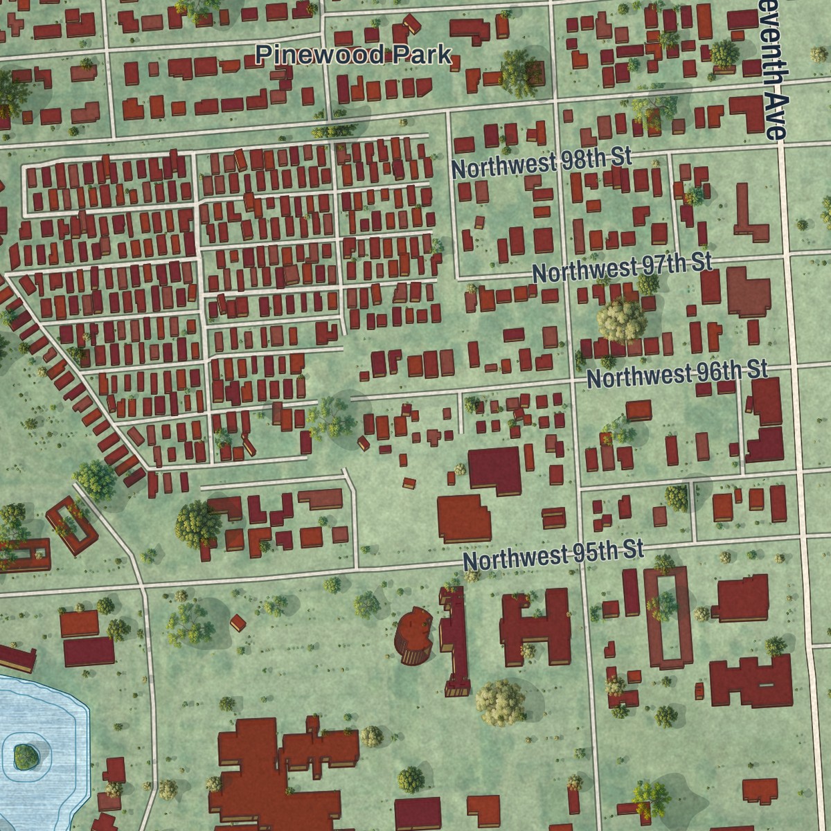Second close-up of the map of Pinewood, Florida print showing more streets and buildings