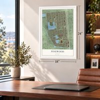 Pinewood, Florida map, 18 x 24 inch print in a white frame in a home office
