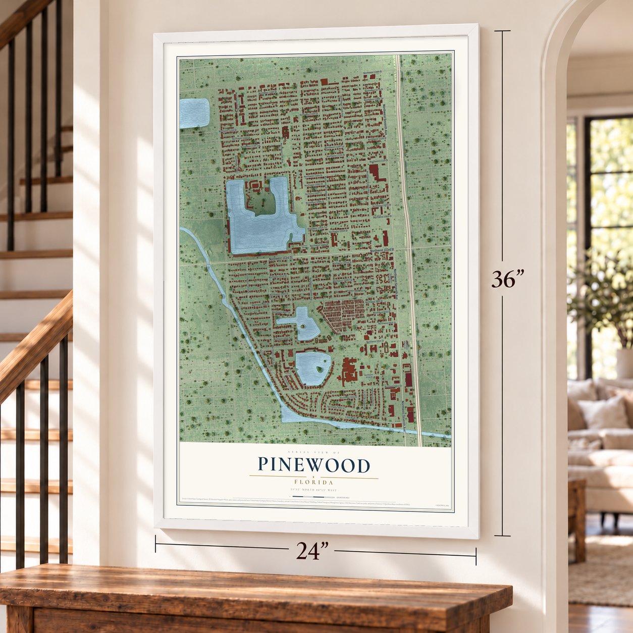 Pinewood, Florida map, 24 x 36 inch print in a white frame by a staircase