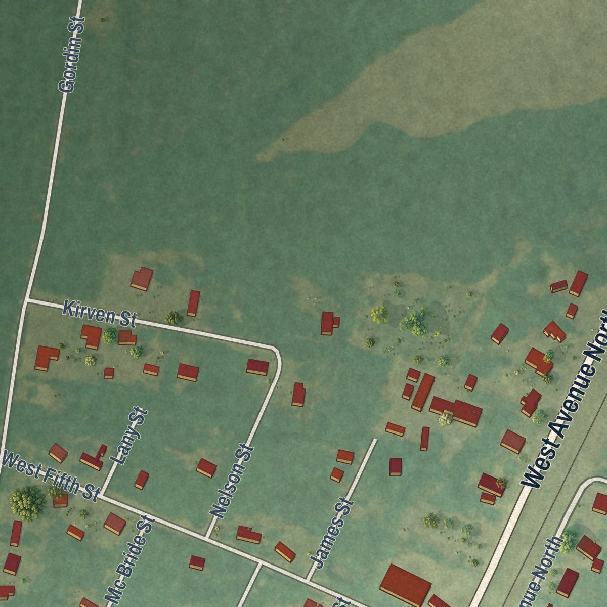 Second close-up of the map of Pinewood, South Carolina print showing more streets and buildings