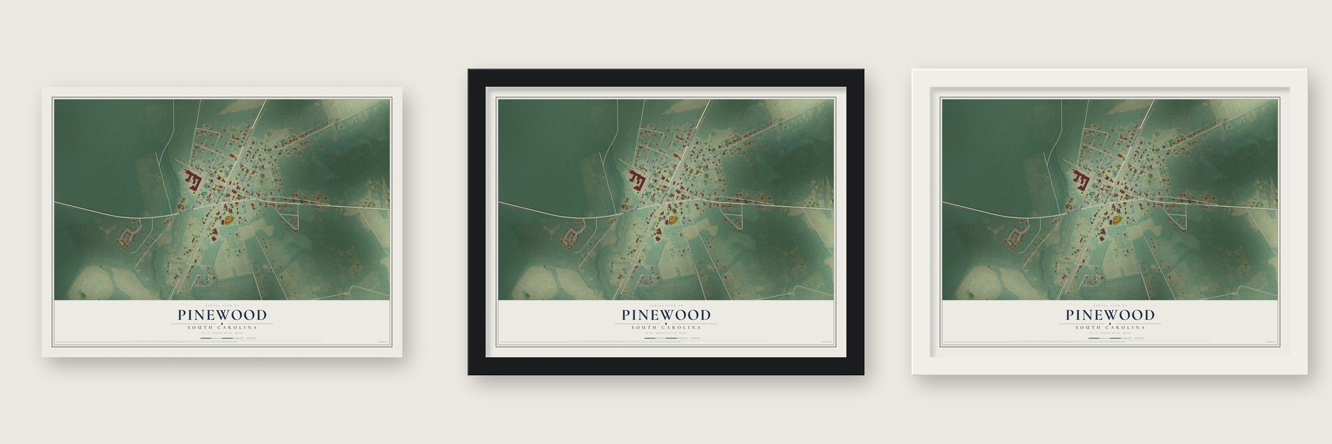 Pinewood, South Carolina map unframed, in a black wood frame and in a white wood frame