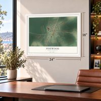 Pinewood, South Carolina map, 18 x 24 inch print in a white frame in a home office