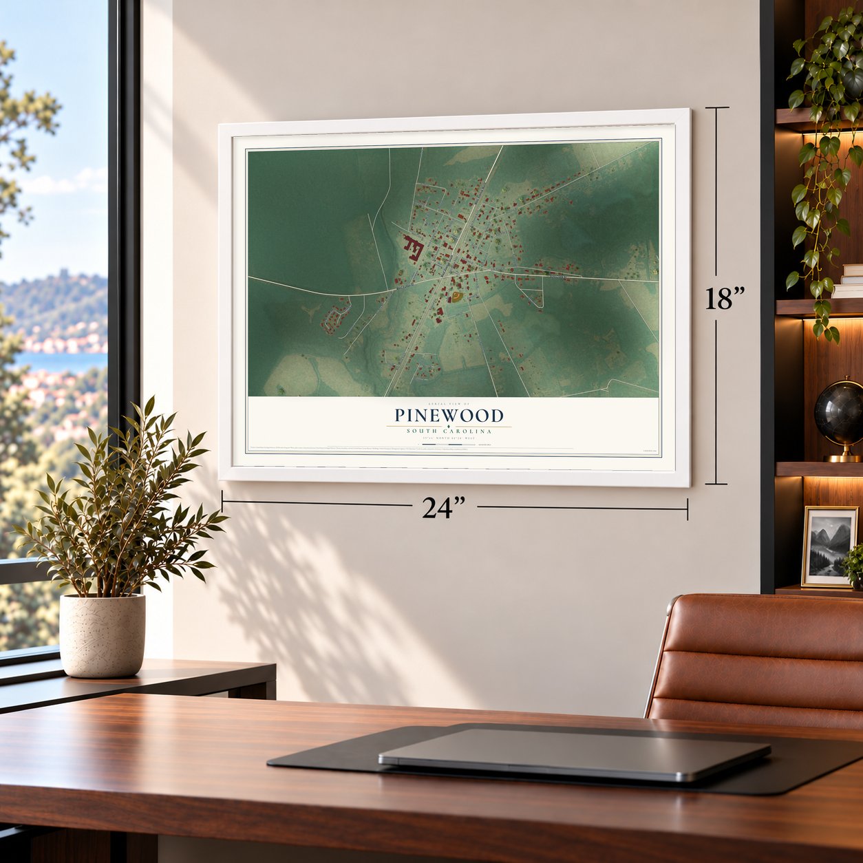 Pinewood, South Carolina map, 18 x 24 inch print in a white frame in a home office