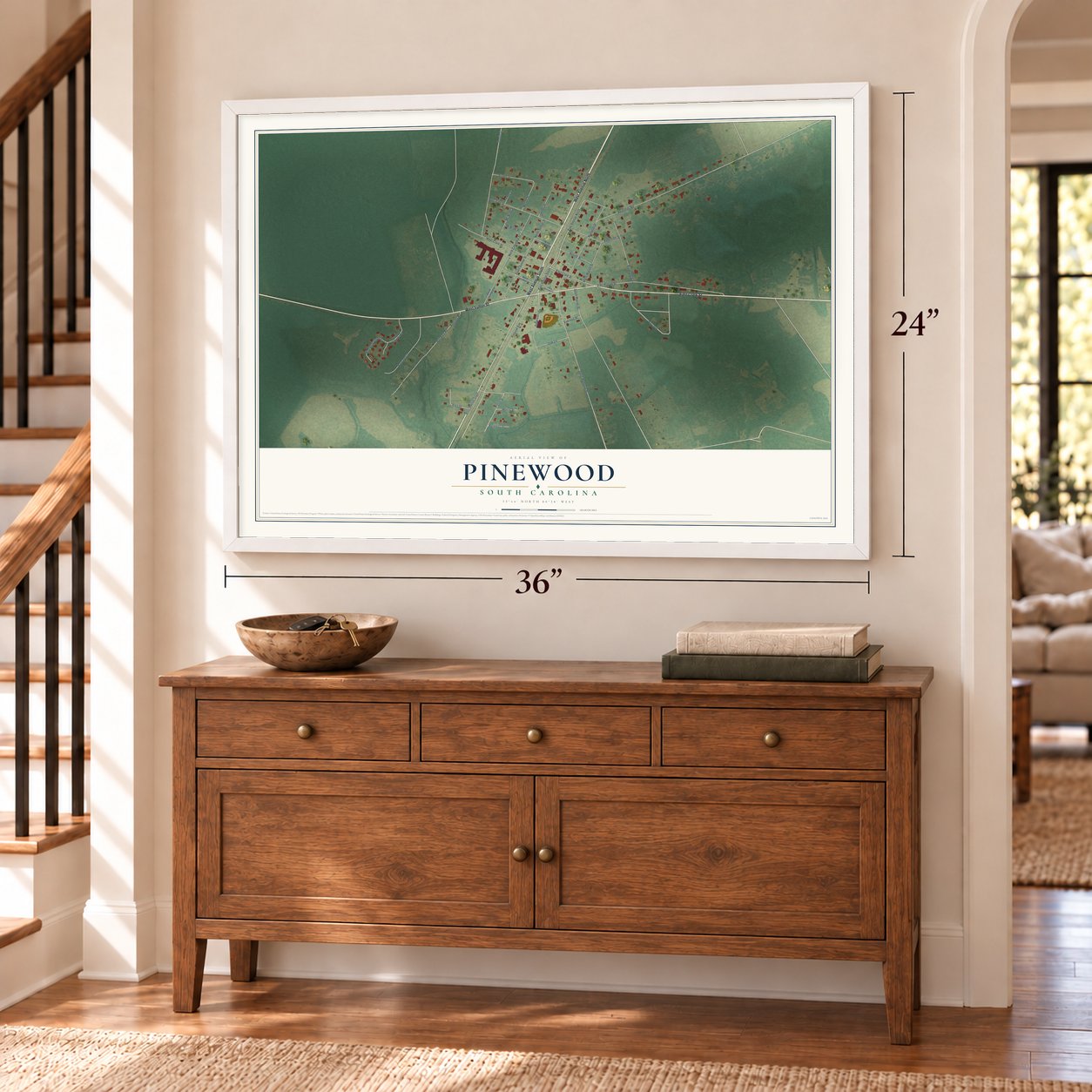 Pinewood, South Carolina map, 24 x 36 inch print in a white frame above a dresser by a staircase