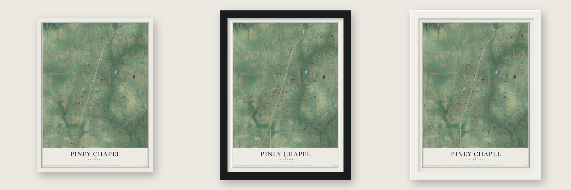 Piney Chapel, Alabama map unframed, in a black wood frame and in a white wood frame