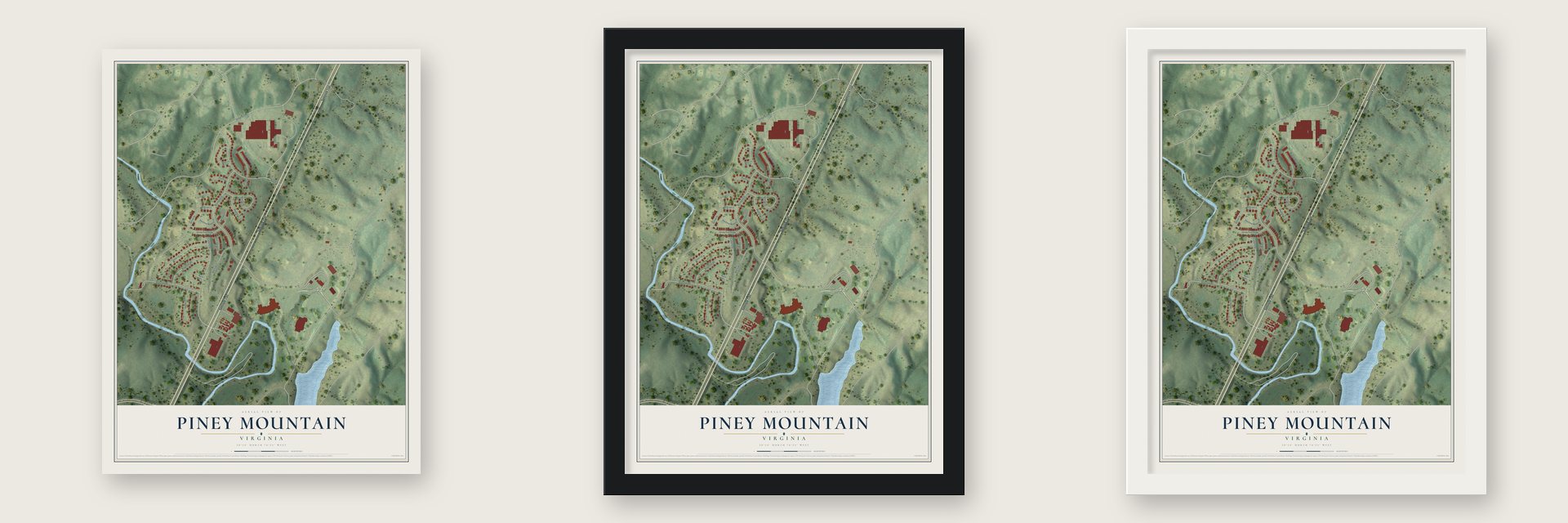 Piney Mountain, Virginia map unframed, in a black wood frame and in a white wood frame