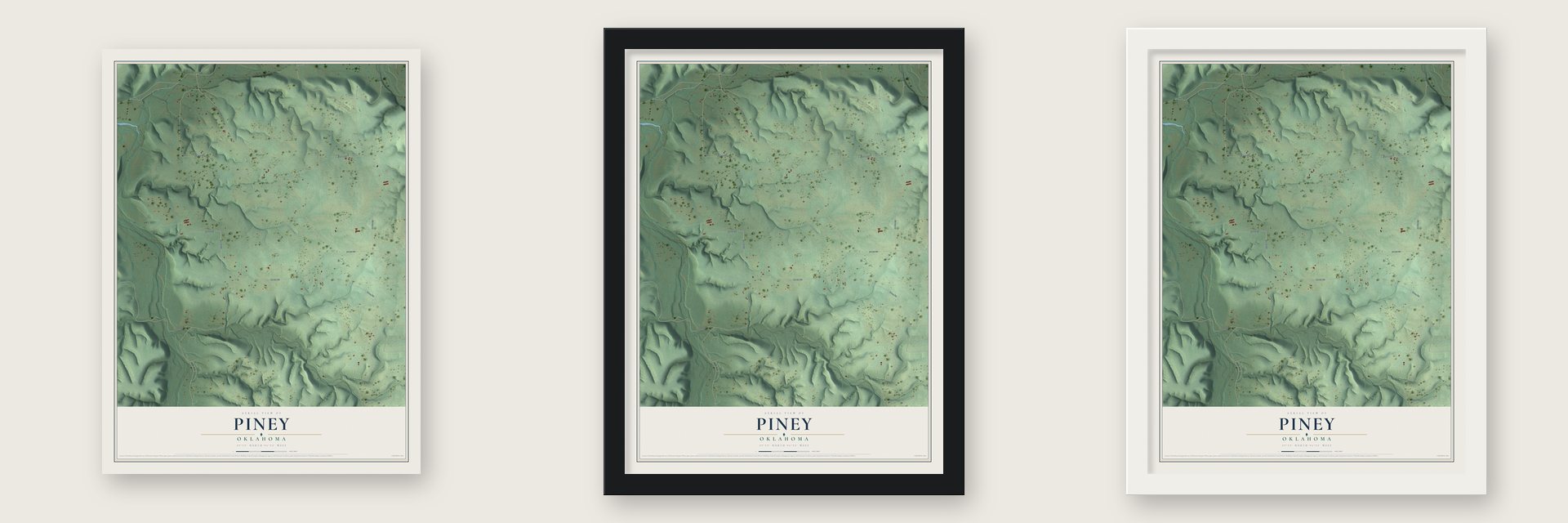Piney, Oklahoma map unframed, in a black wood frame and in a white wood frame