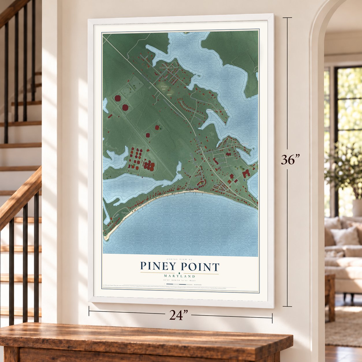 Piney Point, Maryland map, 24 x 36 inch print in a white frame by a staircase