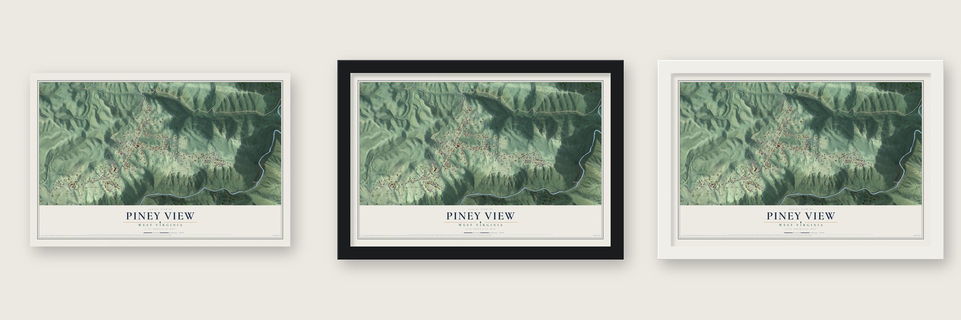 Piney View, West Virginia map unframed, in a black wood frame and in a white wood frame