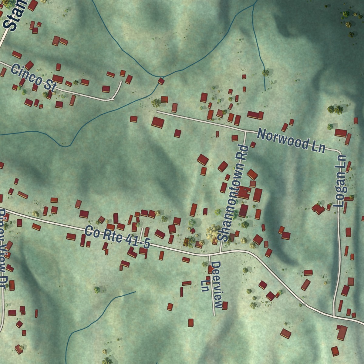 Second close-up of the map of Piney View, West Virginia print showing more streets and buildings