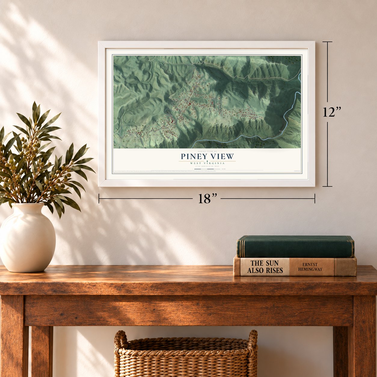 Piney View, West Virginia map, 12 x 18 inch print in a white frame in an entryway