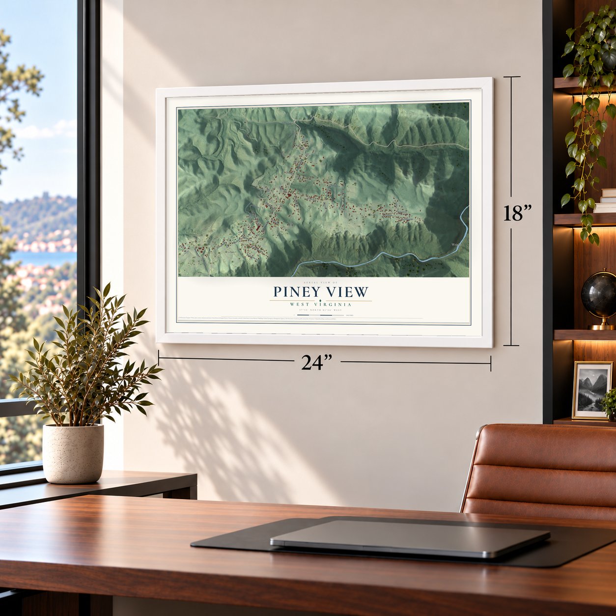 Piney View, West Virginia map, 18 x 24 inch print in a white frame in a home office