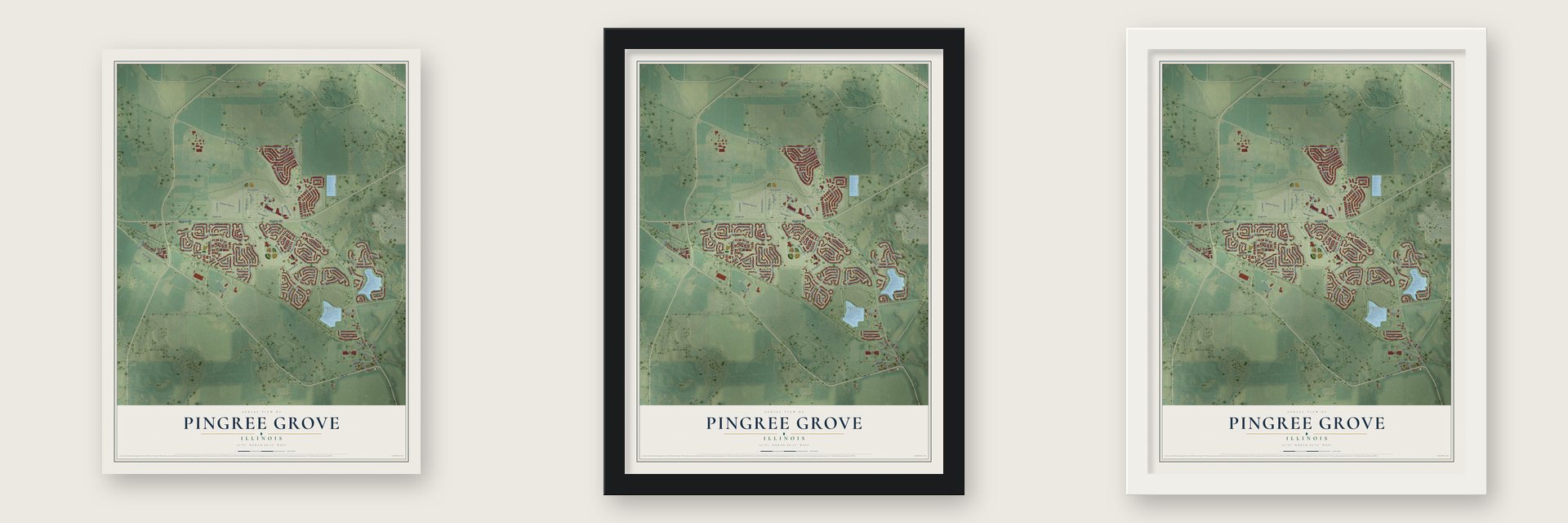 Pingree Grove, Illinois map unframed, in a black wood frame and in a white wood frame