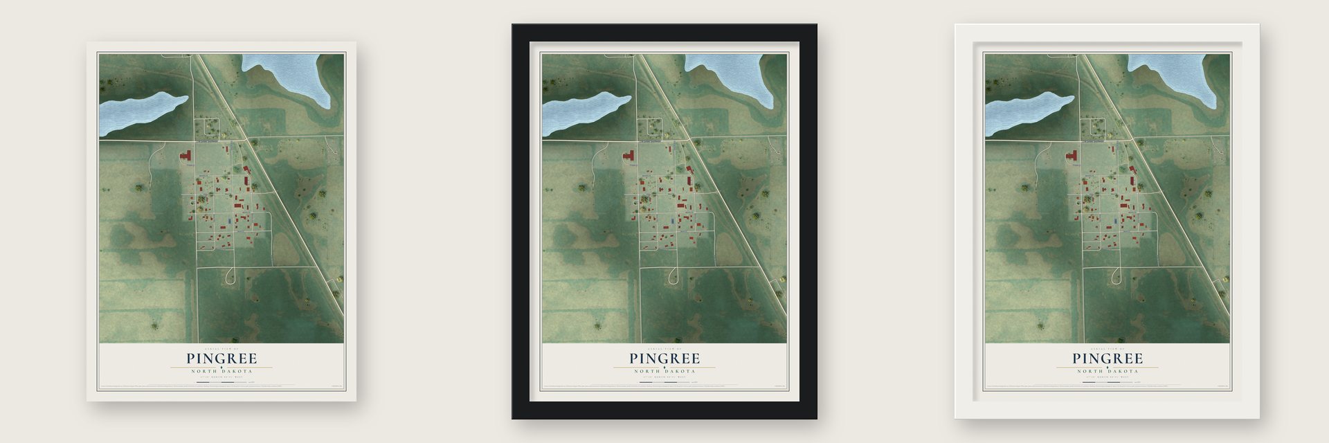 Pingree, North Dakota map unframed, in a black wood frame and in a white wood frame