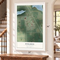 Pingree, North Dakota map, 24 x 36 inch print in a white frame by a staircase