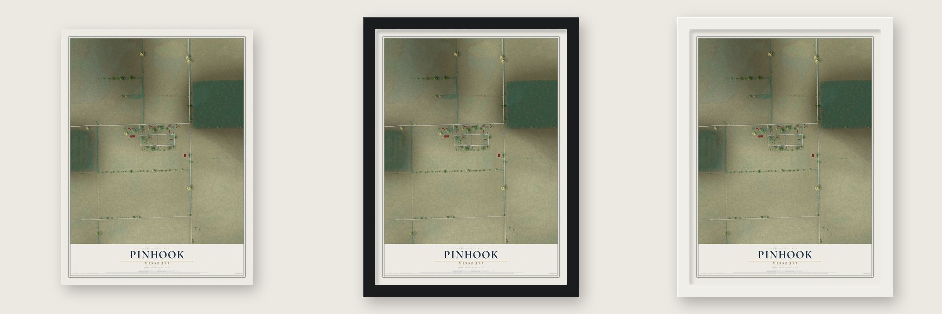 Pinhook, Missouri map unframed, in a black wood frame and in a white wood frame