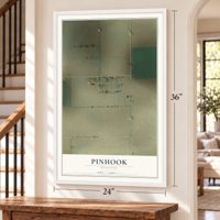 Pinhook, Missouri map, 24 x 36 inch print in a white frame by a staircase