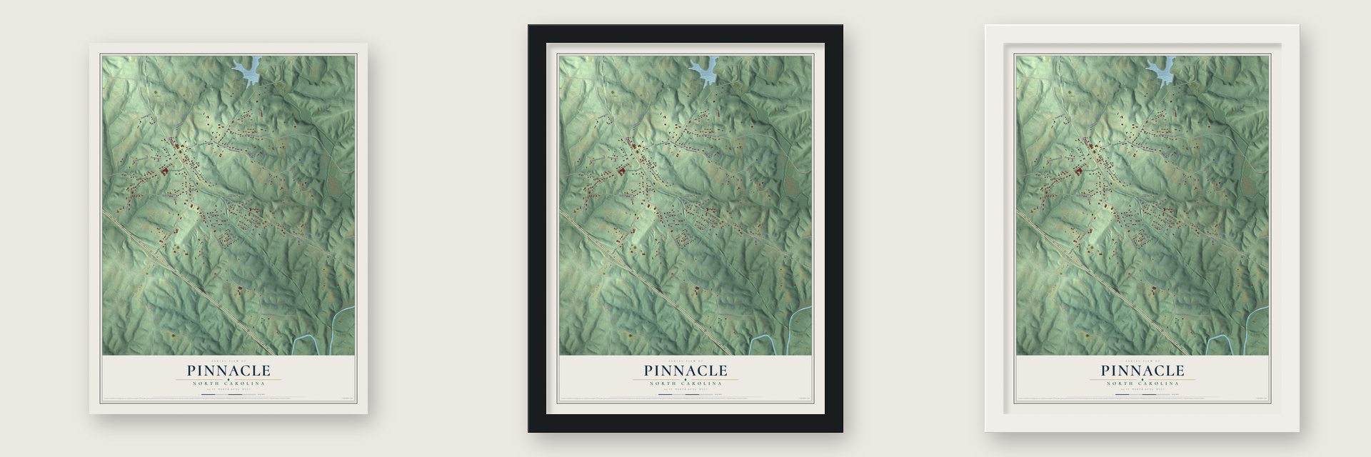 Pinnacle, North Carolina map unframed, in a black wood frame and in a white wood frame
