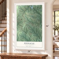 Pinnacle, North Carolina map, 24 x 36 inch print in a white frame by a staircase
