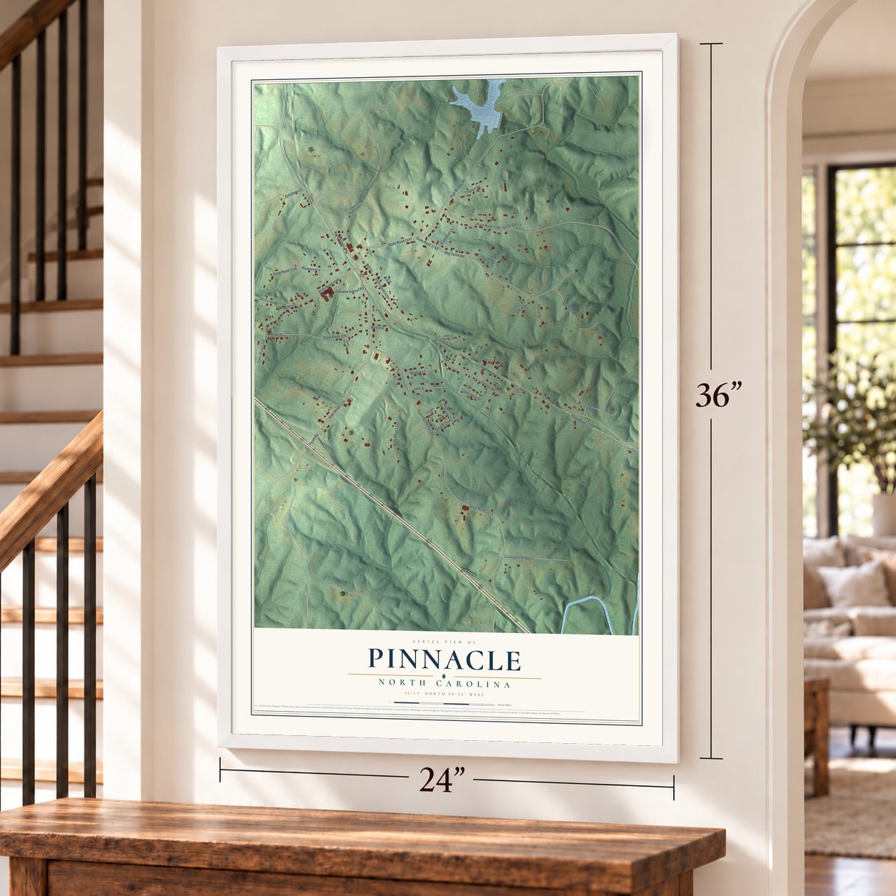 Pinnacle, North Carolina map, 24 x 36 inch print in a white frame by a staircase