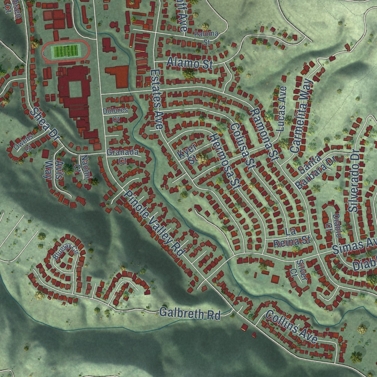 Second close-up of the map of Pinole, California print showing more streets and buildings