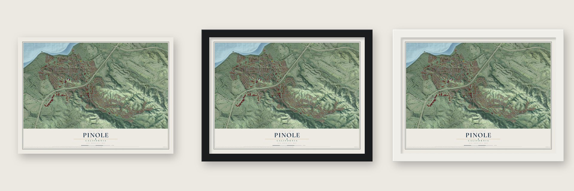 Pinole, California map unframed, in a black wood frame and in a white wood frame