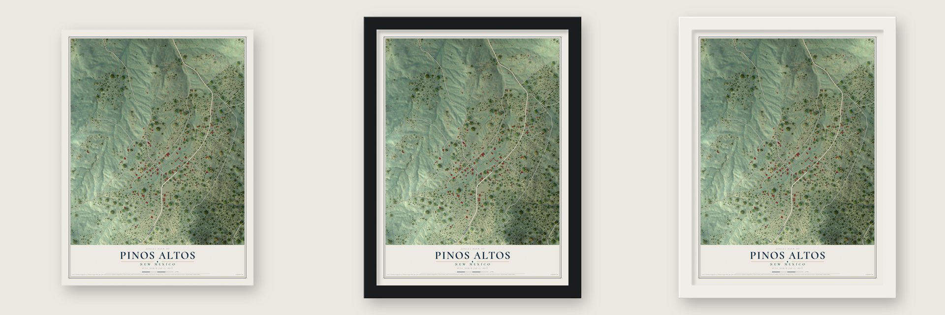 Pinos Altos, New Mexico map unframed, in a black wood frame and in a white wood frame