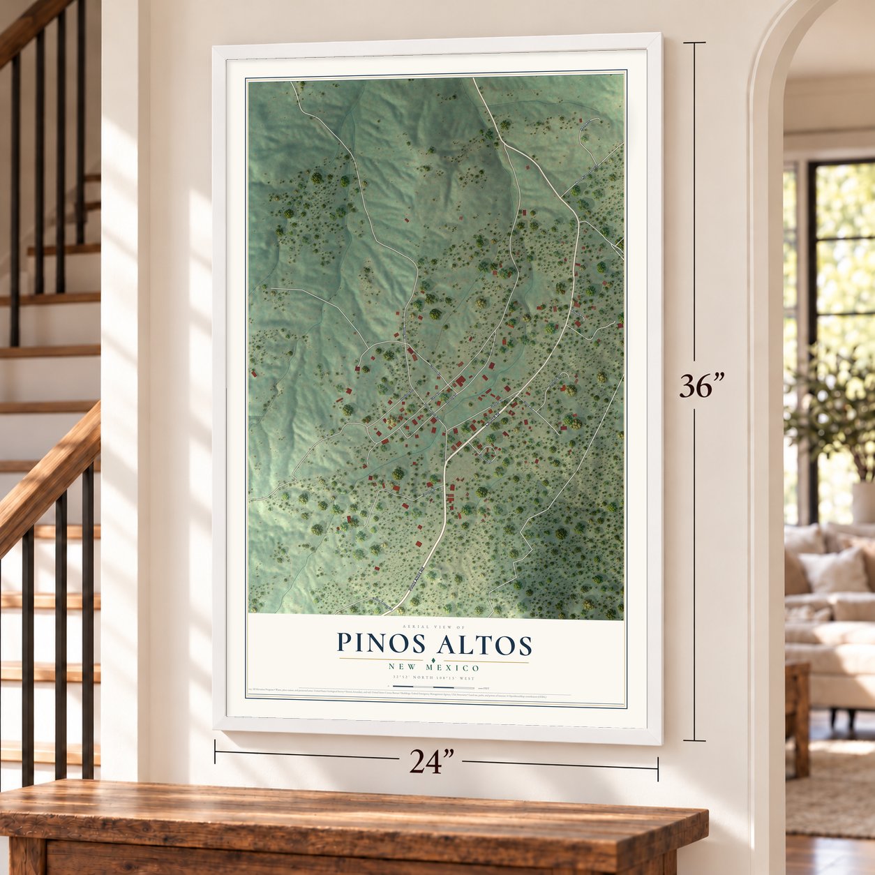 Pinos Altos, New Mexico map, 24 x 36 inch print in a white frame by a staircase