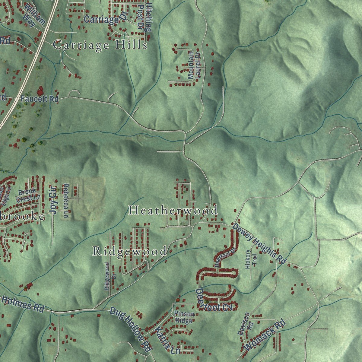 Second close-up of the map of Pinson, Alabama print showing more streets and buildings