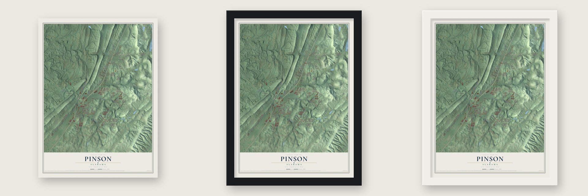 Pinson, Alabama map unframed, in a black wood frame and in a white wood frame