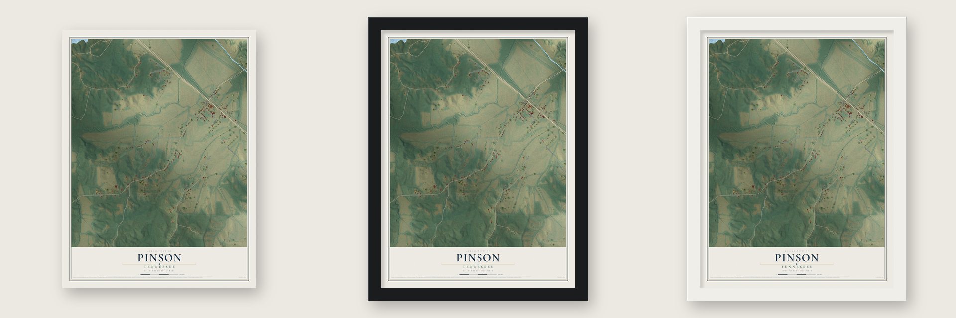 Pinson, Tennessee map unframed, in a black wood frame and in a white wood frame