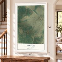 Pinson, Tennessee map, 24 x 36 inch print in a white frame by a staircase